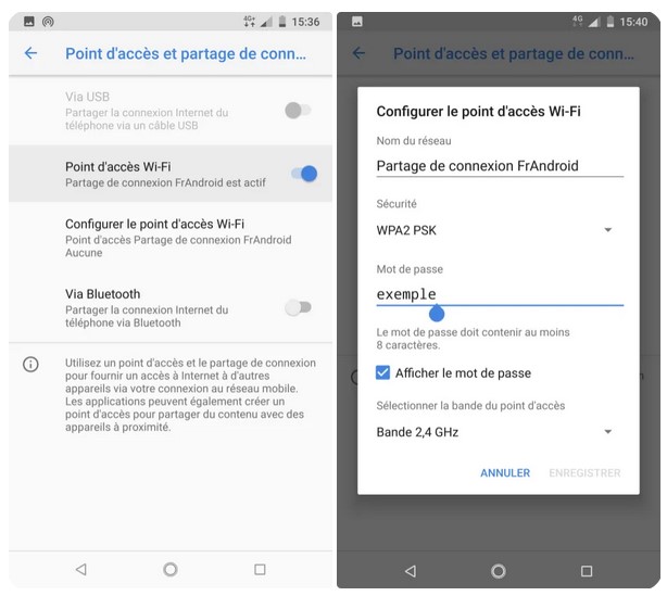 Paramètre Android pour activer le partage de connexion sans fil
